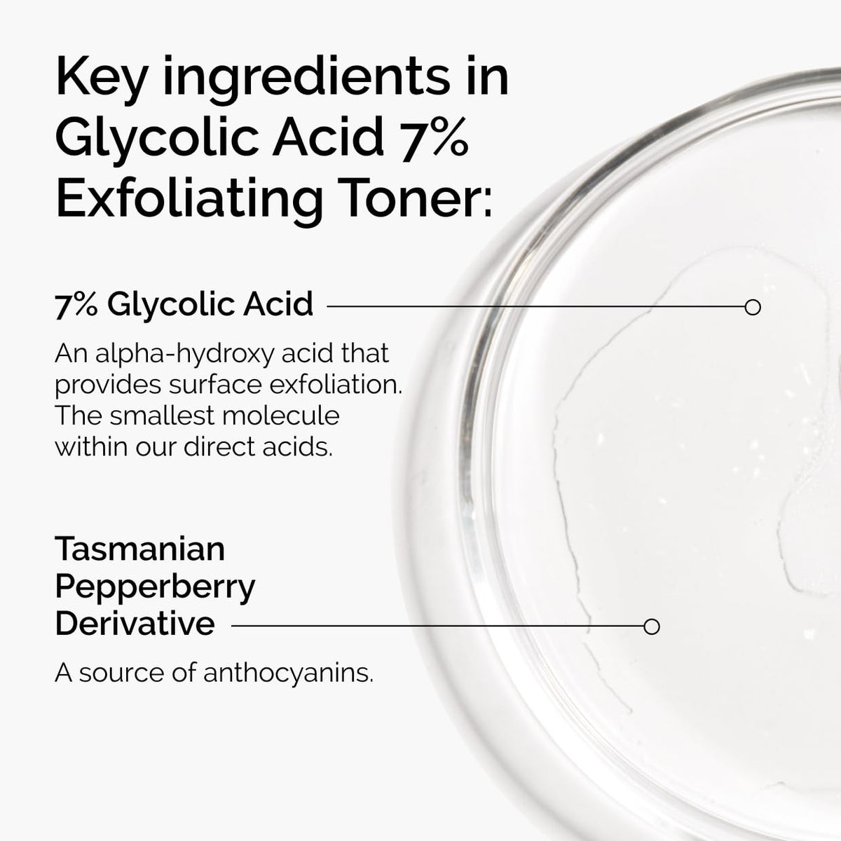 Glycolic Acid 7% Exfoliating Toner with key ingredients listed on a white background
