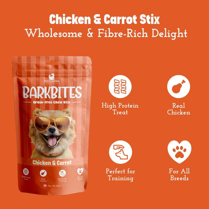 PETS EMPIRE BARKBITES Chicken & Carrot Dog Chew Sticks | Grain-Free Soft Dog Treats | High Protein Training Snacks | Made with Real Chicken & Carrot | Healthy & Digestive Support | 100g