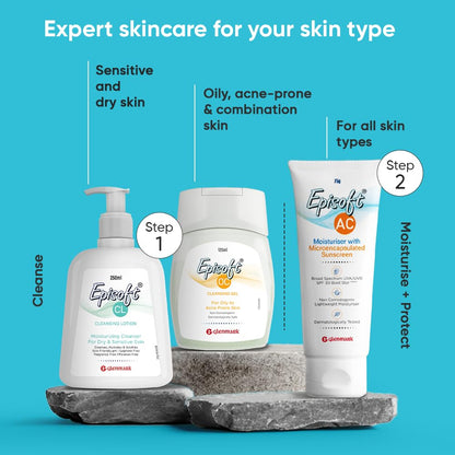 Episoft skincare products for different skin types on a blue background