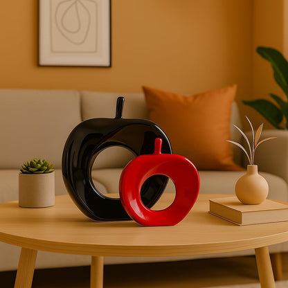 Beautiful Apple Shape Ceramic Home Decor Showpiece (Pack of 2, Black & Red Color)