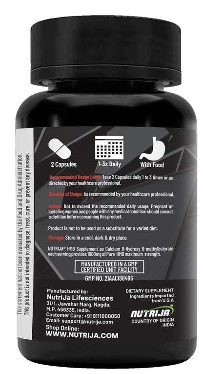NutriJa HMB 1000MG Capsules | CaHMB Beta-Hydroxy Beta-Methylbutyrate Supplement | Supports Muscle Maintenance, Workout Recovery & Strength Training Routine - 60 Capsules