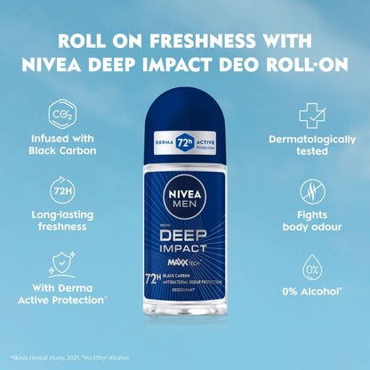 NIVEA MEN Deep Impact Freshness Deodorant Underarm Roll-on | 72 H Long Lasting Freshness | Infused with Black Carbon to fight bacteria and body odour | Woody masculine fragrance | 0% Alcohol | Dermatologically Approved & Paraben Free Formula | 50ml