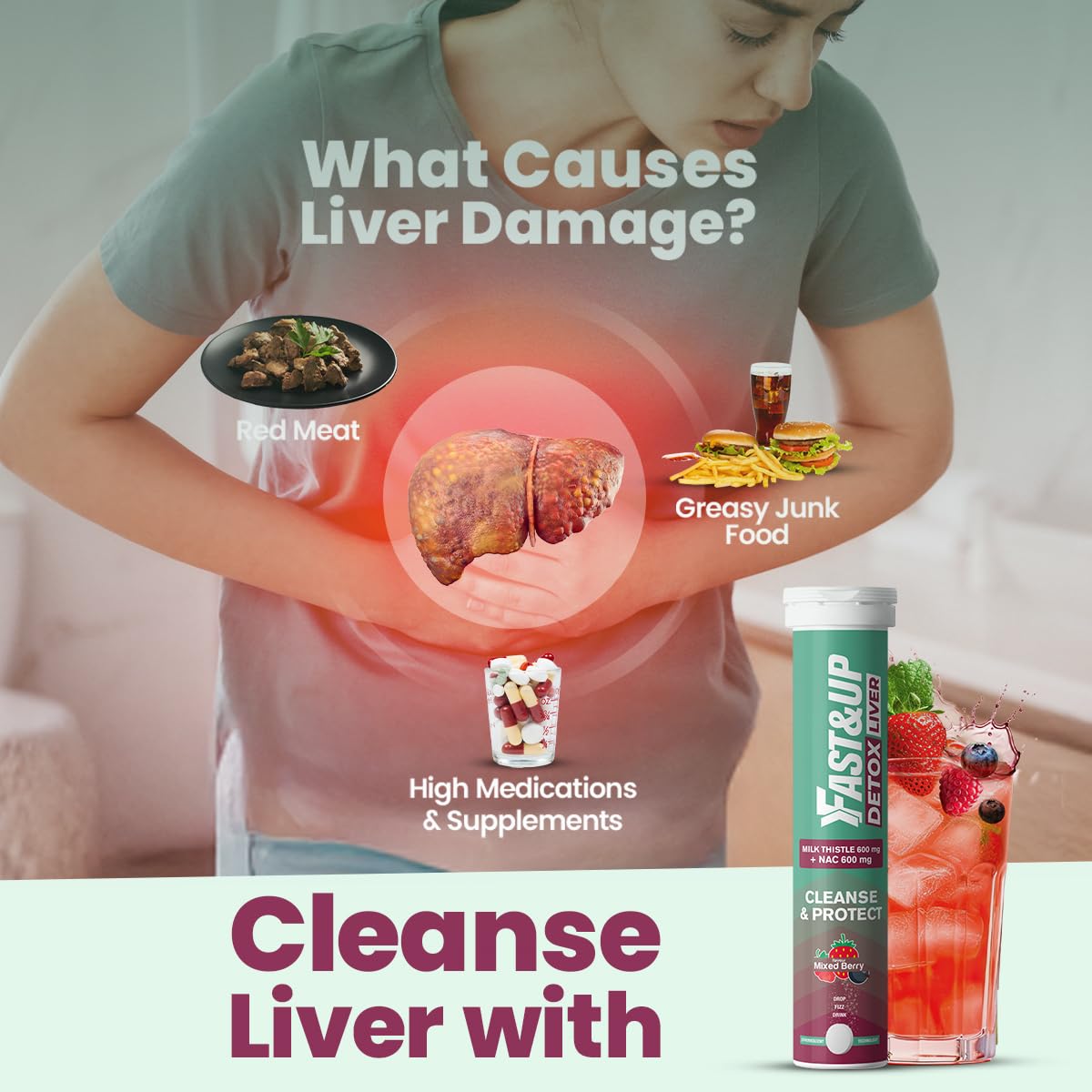 Person wearing a shirt with liver damage information and cleanse product promotion.