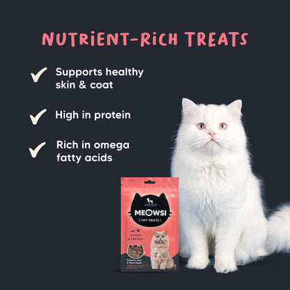 Meowsi by HUFT Soft Cat Treats – Salmon & Chicken – 50 gm | Tasty & Juicy Treats for Kittens & Adult Cats | Rich in Protein | for Persian Cats & All Breeds | Grain-Free Bites