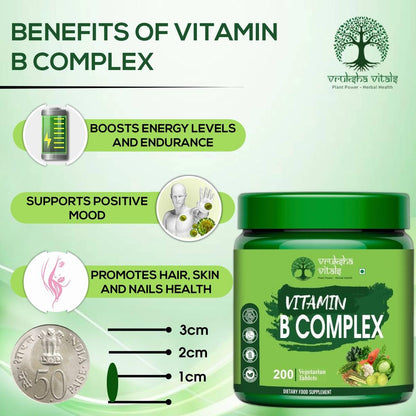 Vitamin B Complex supplement jar with benefits listed on a green background