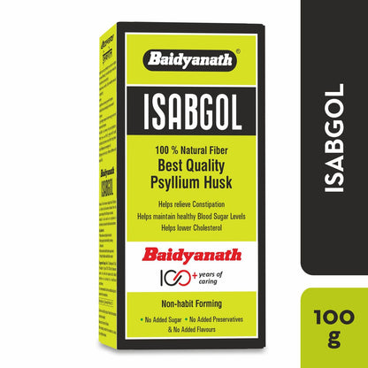 Baidyanath Isabgol packaging with green and black design on a white background