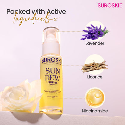 SUROSKIE Sun Dew SPF 55 sunscreen bottle with lavender, licorice, and niacinamide icons on a light background.