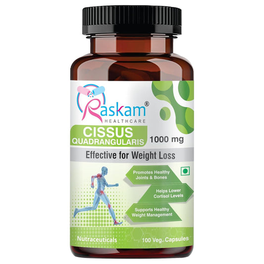 Bottle of Raskam Healthcare Cissus Quadrangularis supplement on a white background