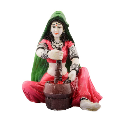 Rajasthani Lady Grinding Chilli Showpiece Polyresin Statue (12.5 cm x 10 cm x 15 cm, Green and Orange)