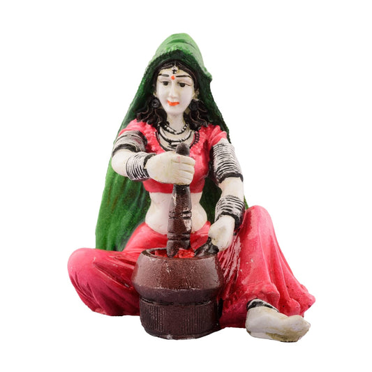 Rajasthani Lady Grinding Chilli Showpiece Polyresin Statue (12.5 cm x 10 cm x 15 cm, Green and Orange)