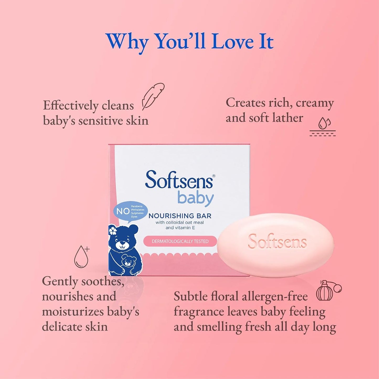 Softsens Baby Nourishing Bar Soap 100g each x 3 (300g) | Deep Nourishing & Gentle Cleansing | With Colloidal Oatmeal & Vitamin E | Dermatologically Tested, Hypoallergenic & Free from Parabens, SLS & SLES