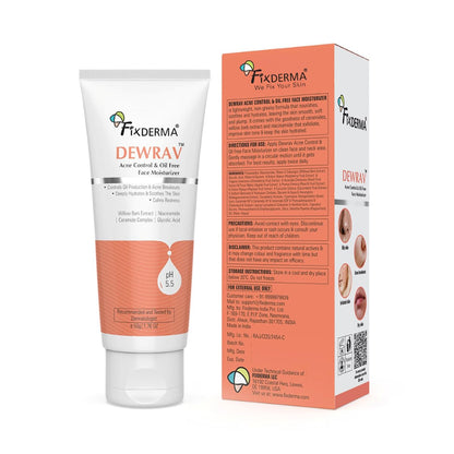 Fixderma Dewrav Acne Control & Oil Free Moisturizer for Face with Glycolic Acid | Niacinamide | Oily Skin | Face Moisturizer for Women & Men - 50 gm