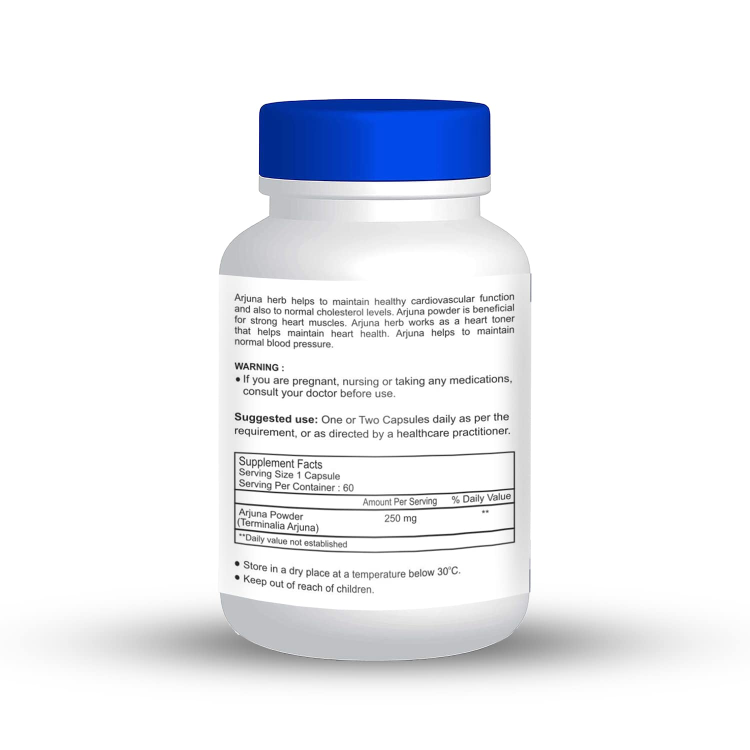 Supplement bottle with blue cap and label on a white background