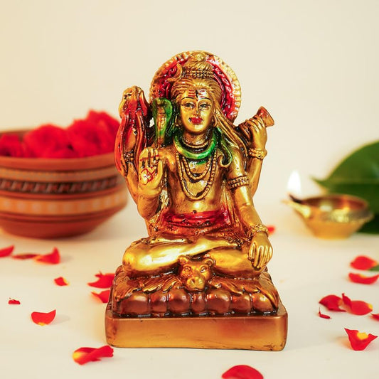 Aura Series Antique Gold Painted Lord Shiva Idol for Home (5 inch) | Marble Dust Lord Siva Statue for Pooja Room, Home Decor & Office | Resin Shiv Ji Murti | Sitting Bholenath Murti for Gift