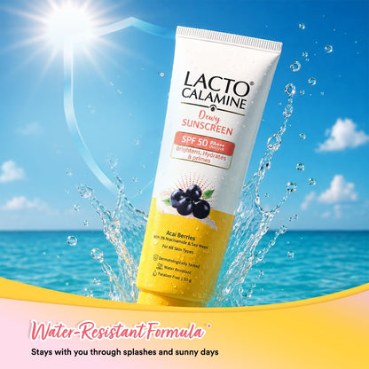 Lacto Calamine Dewy Glow Lightweight Sunscreen SPF 50 PFA +++ UVA & UVB Protection-Oily Skin | Acai Berries, Niacinamide & Watermelon | Dermatologically Tested | 50g