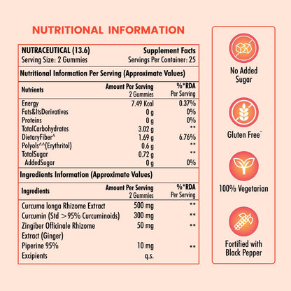 Nutritional information and supplement facts for a product with health benefits on a light pink background.