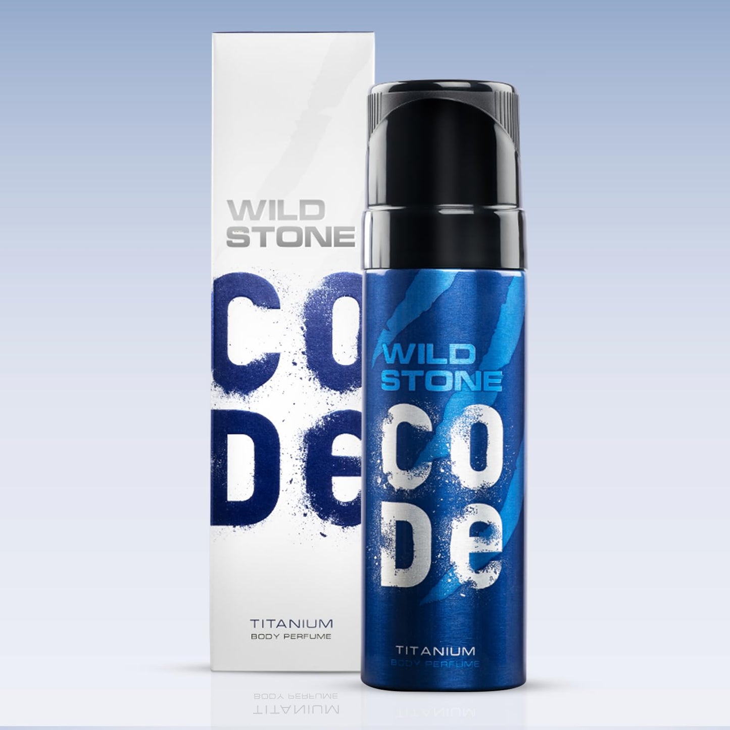 Wild Stone Coded Titanium body perfume with packaging on a light blue background
