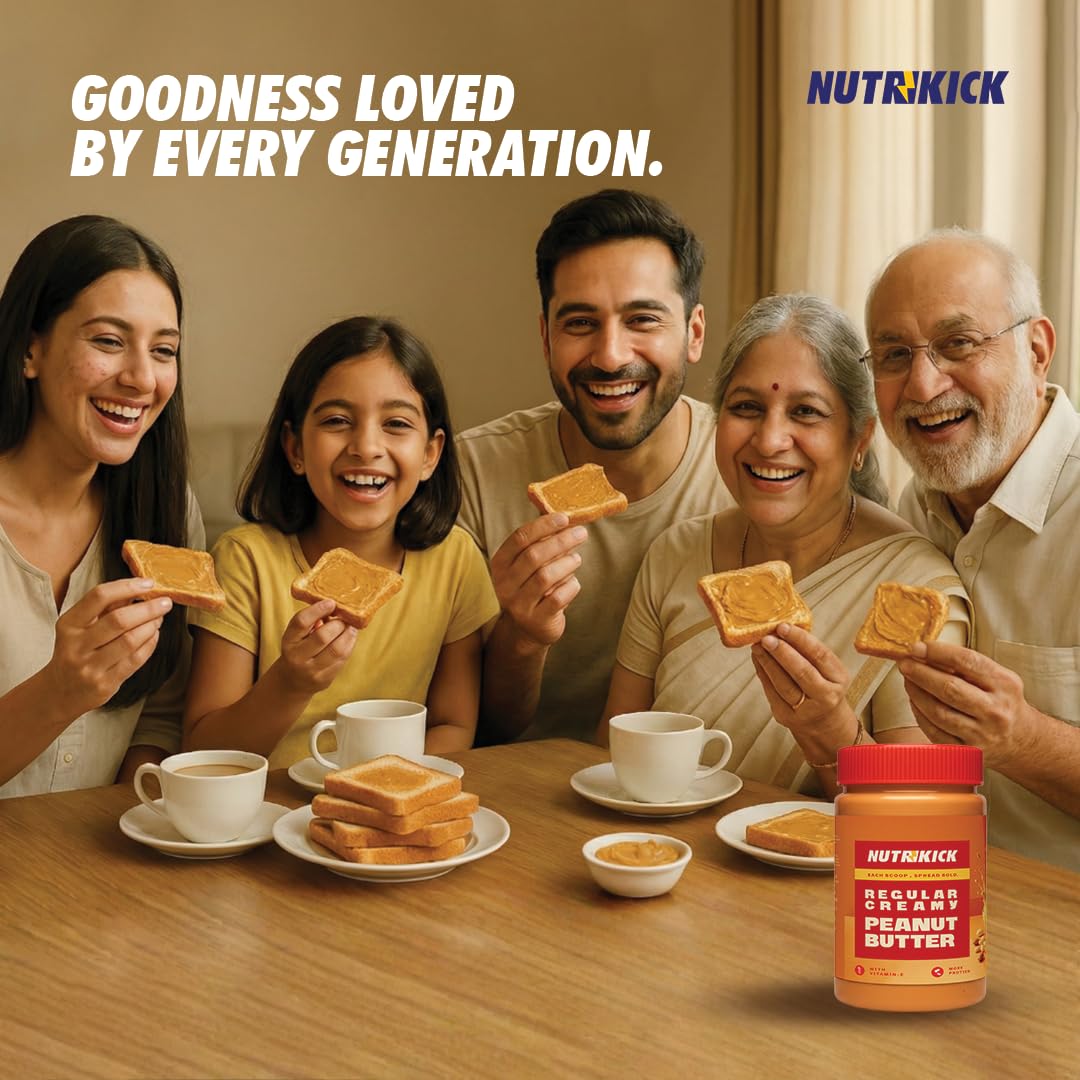 NUTRIKICK Regular Creamy Peanut Butter | High Protein Nut Spread with Vitamin E | Made with Roasted Peanuts | Healthy Breakfast Food for Gym, Kids & Weight Management