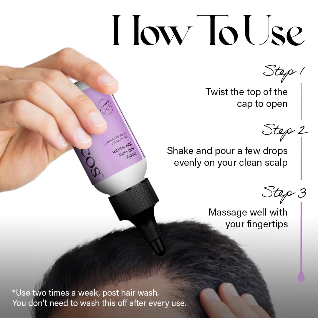 Hand applying a hair care product to scalp with usage instructions on a white background