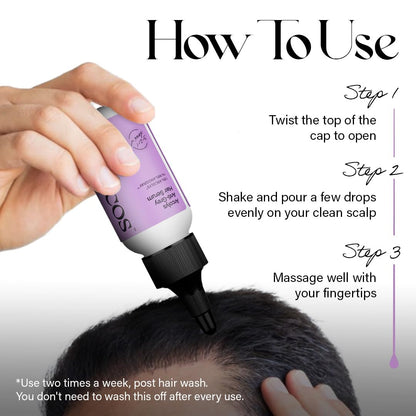 Hand applying a hair care product to scalp with usage instructions on a white background