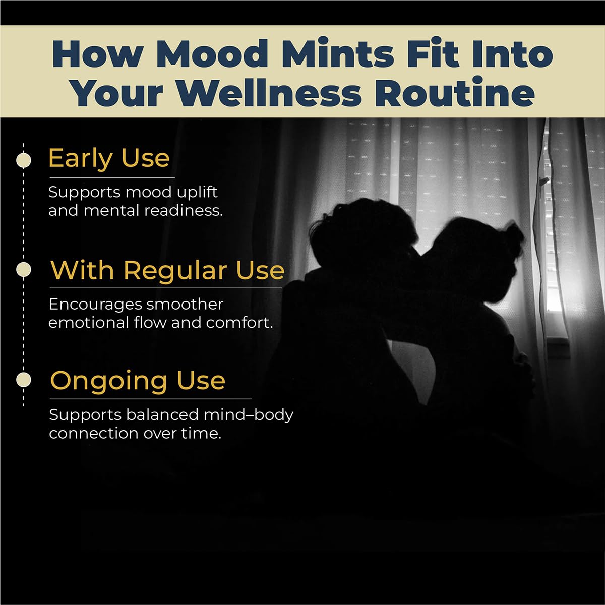 Silhouette of two people sitting together with text about mood mints and wellness routines.