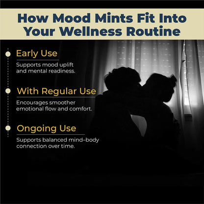 Silhouette of two people sitting together with text about mood mints and wellness routines.
