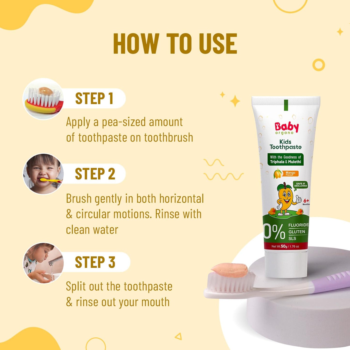 BabyOrgano Ayurvedic Kids Toothpaste for 6+ Months | Mango Flavour | Babool, Mulethi, Triphala & Khadir | Strengthens Gums & Cavity Prevention | Fluoride & SLS Free | FDCA Approved | 50g (Pack of 1)