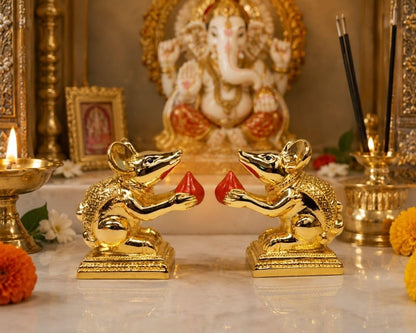Gold Art India Gold-Plated Mushak (Mooshak) Mouse Pair with Modak | Orange Terracotta Finish | Mouse Idol | Vehicle (Vahana) of Lord Ganesha | 2.5 Inch Height | Mandir (Set of 2 pcs)