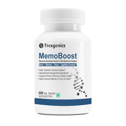 Trexgenics MemoBoost supplement bottle on a white background