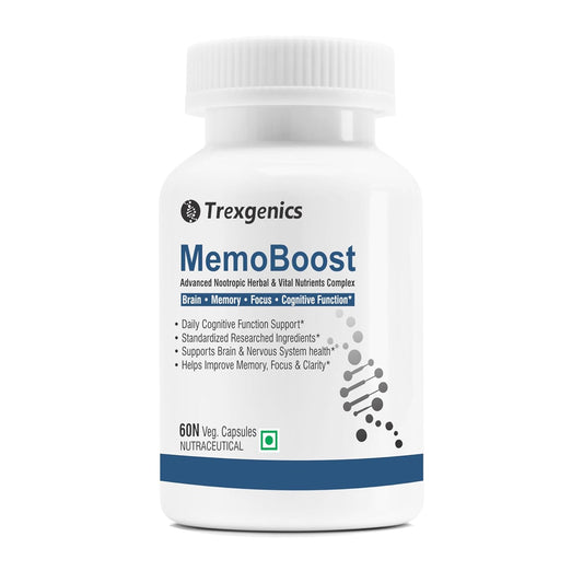 Trexgenics MemoBoost supplement bottle on a white background
