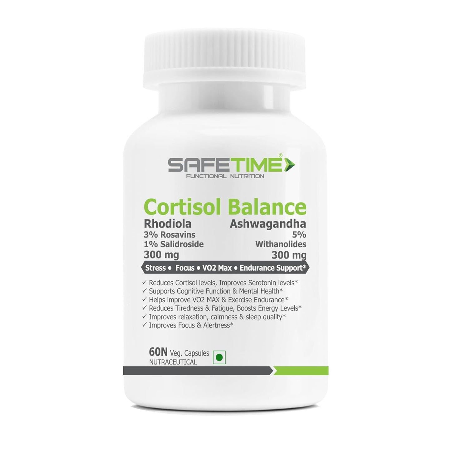 Supplement bottle labeled 'Cortisol Balance' by SafeTime on a white background
