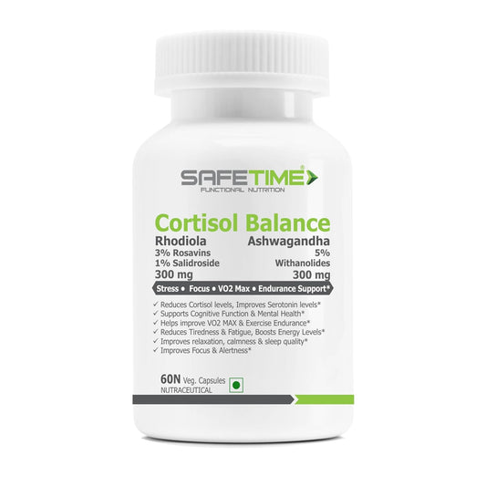 Supplement bottle labeled 'Cortisol Balance' by SafeTime on a white background