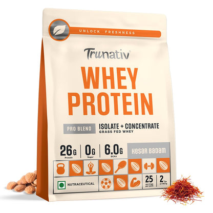 Trunativ Pro Blend Whey Protein Powder Isolate & Concentrate | 100% Light & Clean Protein Powder | 26g Protein | 6g BCAA | 12.52g EAA | No added sugar | Kesar Badam 2lbs (907g).