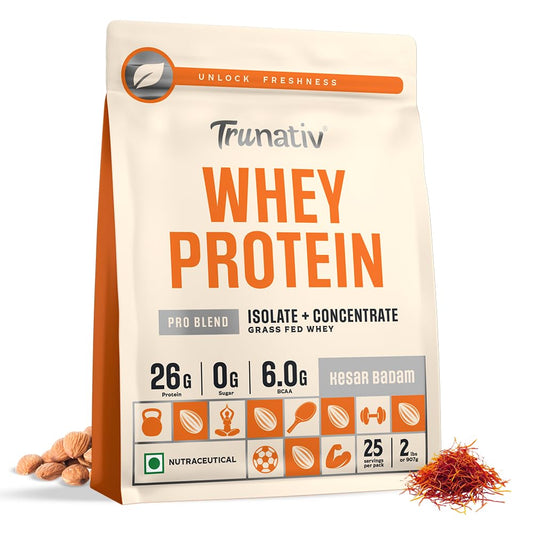 Trunativ Pro Blend Whey Protein Powder Isolate & Concentrate | 100% Light & Clean Protein Powder | 26g Protein | 6g BCAA | 12.52g EAA | No added sugar | Kesar Badam 2lbs (907g).