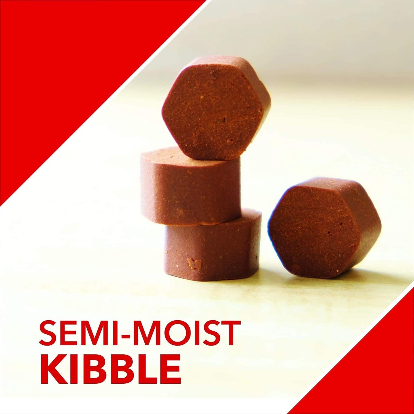 Semi-moist kibble on a white background with red accents