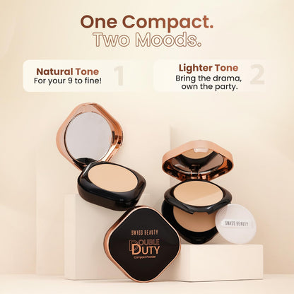 Swiss Beauty Double Duty Compact Powder | 2-in-1 Compact for Day to Night | Buildable Coverage | With Vitamin E & Hyaluronic Acid | 18g, Shade- 1- Natural Ivory/Fair Ivory