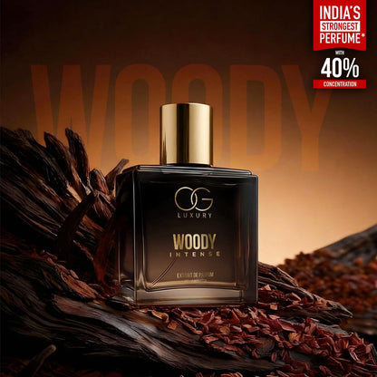 Perfume bottle labeled 'Woody Intense' by OG Luxury on a wooden background with text claiming it's 'India's Strongest Perfume'.