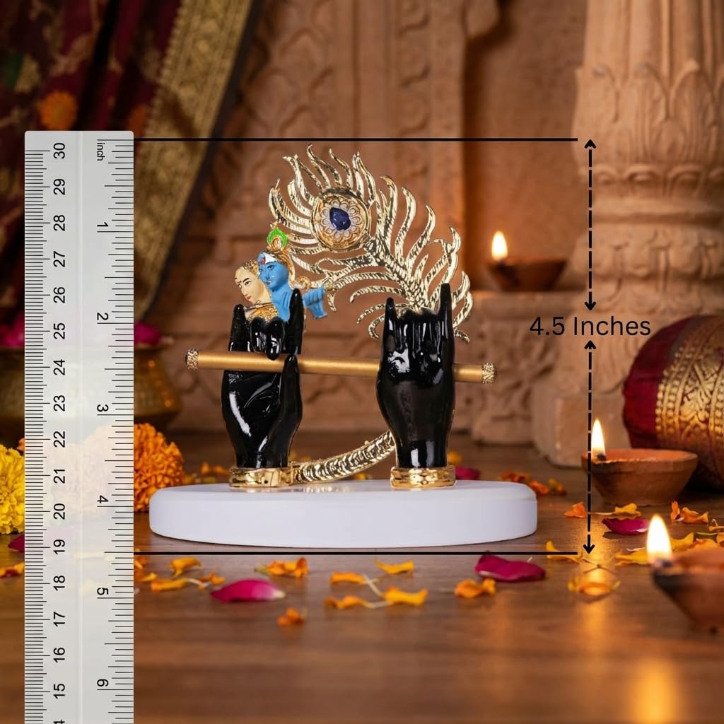 Gold Plated Lord Krishna Hands Idol with Face, Flute & Peacock Feather for Car Dashboard | Statue for House Warming Gifting | Decorative Items for Home & Office (Black - 4.5 inch)