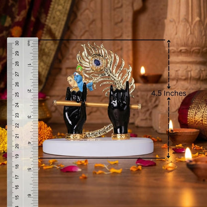 Gold Plated Lord Krishna Hands Idol with Face, Flute & Peacock Feather for Car Dashboard | Statue for House Warming Gifting | Decorative Items for Home & Office (Black - 4.5 inch)