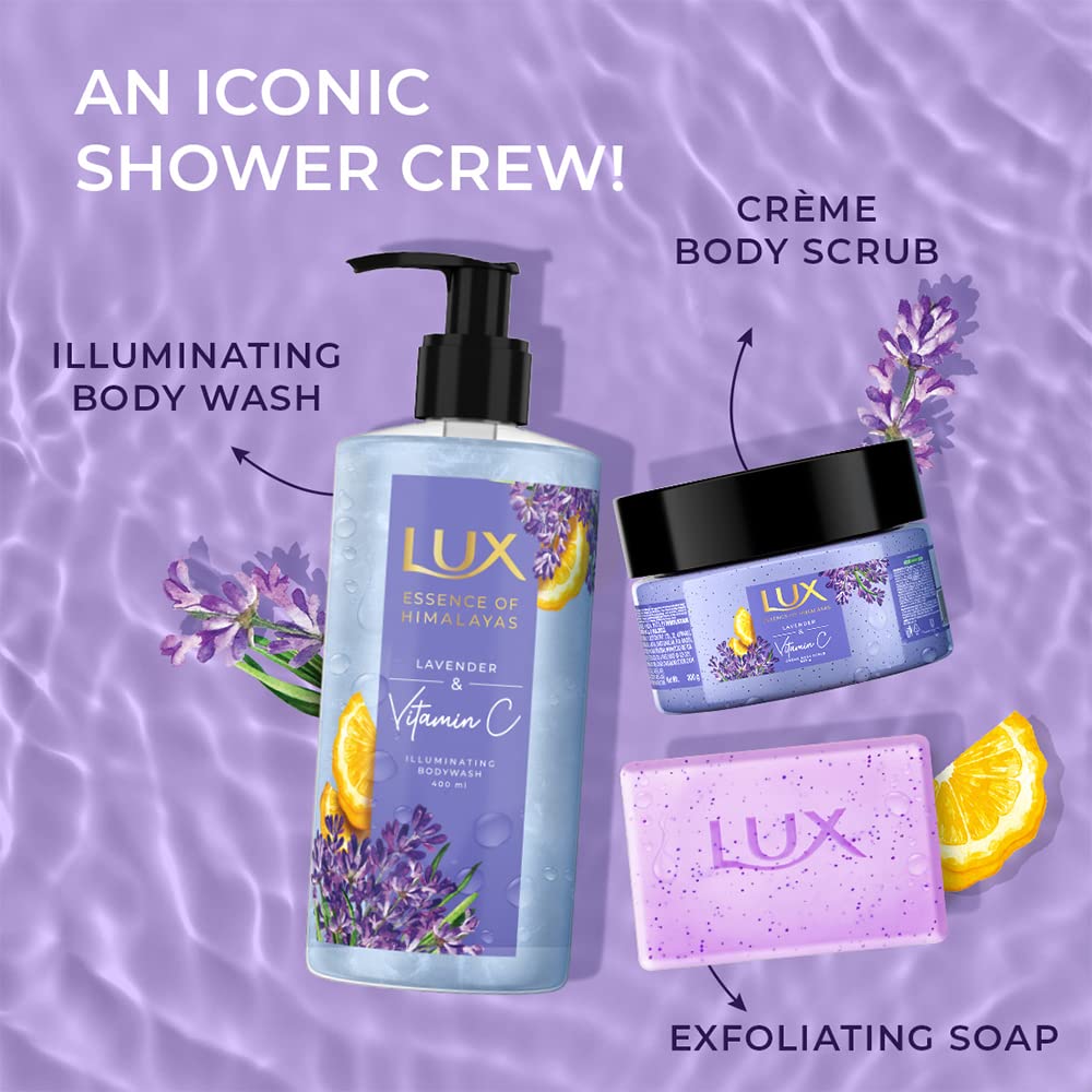 Lux shower products including body wash, scrub, and soap on a purple watercolor background