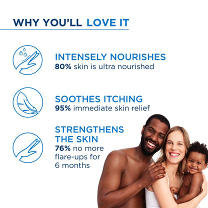 Product advertisement with family photo and text about skincare benefits on a white background