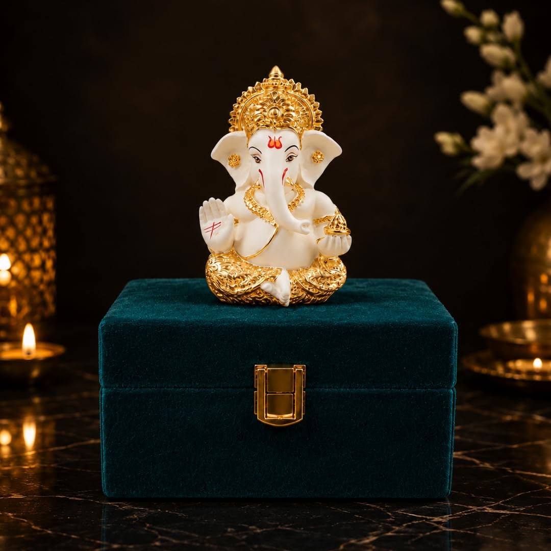 Gold Art India Lord Ganesha Gold Plated Idol | Elegant Off White Finish | Premium Peacock Green Velvet Gift Box | Ganesh Murti for Home Temple, Office Desk & Car Dashboard | Spiritual Gift