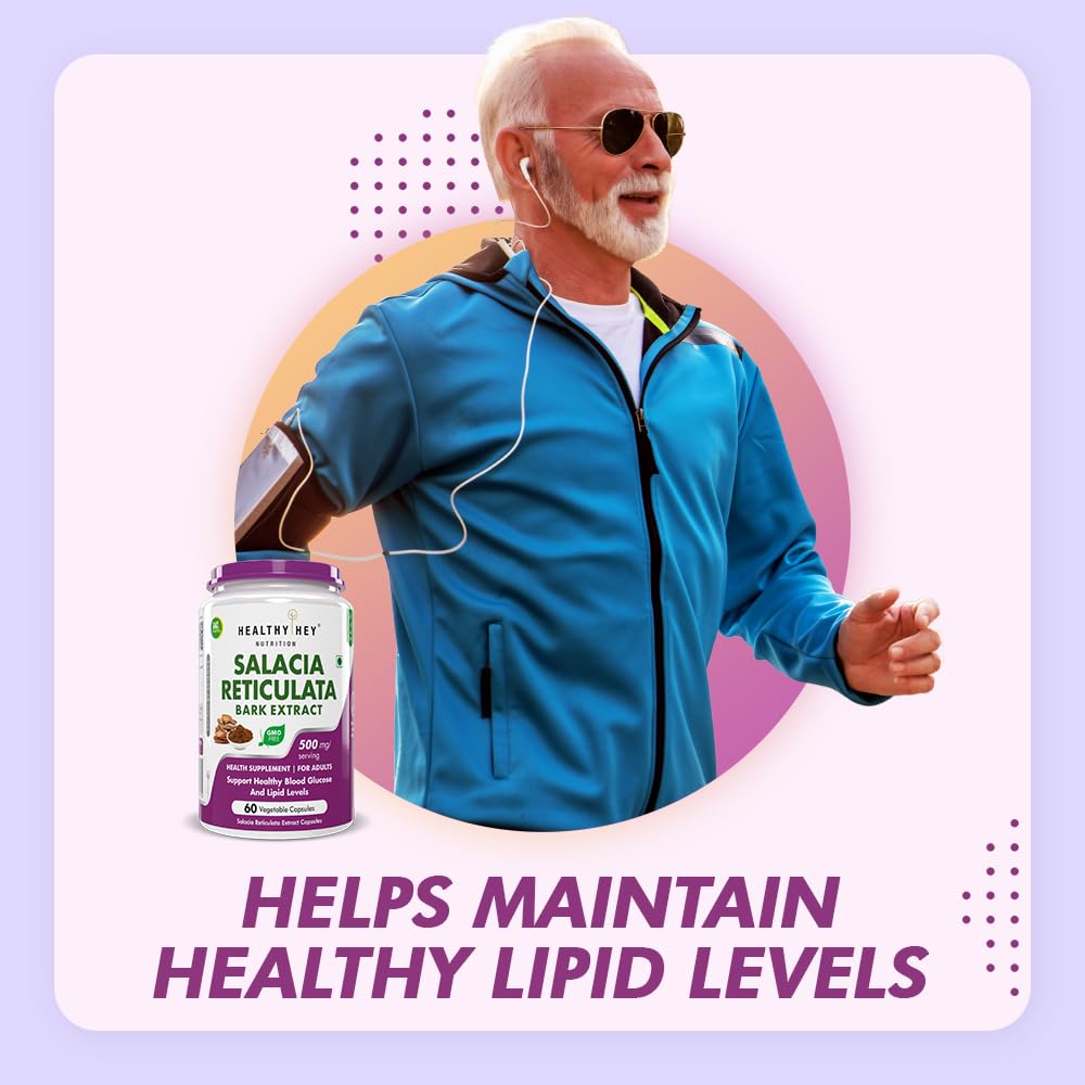 Man in blue jacket with Salacia Reticulata supplement bottle, on light purple background