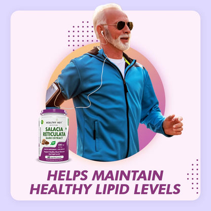 Man in blue jacket with Salacia Reticulata supplement bottle, on light purple background
