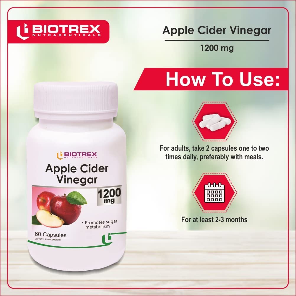 Biotrex Apple Cider Vinegar Capsules 1200mg – Organic Supplement for Weight Management, Detox & Digestive Support – Apple Cider Vinegar Capsule for Wellness – 60 Apple Vinegar Capsules