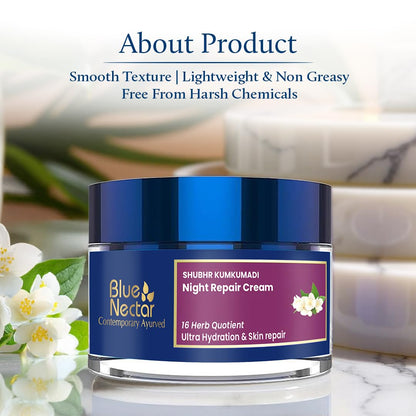 Blue Nectar Kumkumadi Night Cream for Women for Glowing Skin | Kumkumadi Face Cream for Night Repair, Ultra Hydration & Skin Brightening for Oily & Dry Skin (16 Herbs, 50g)
