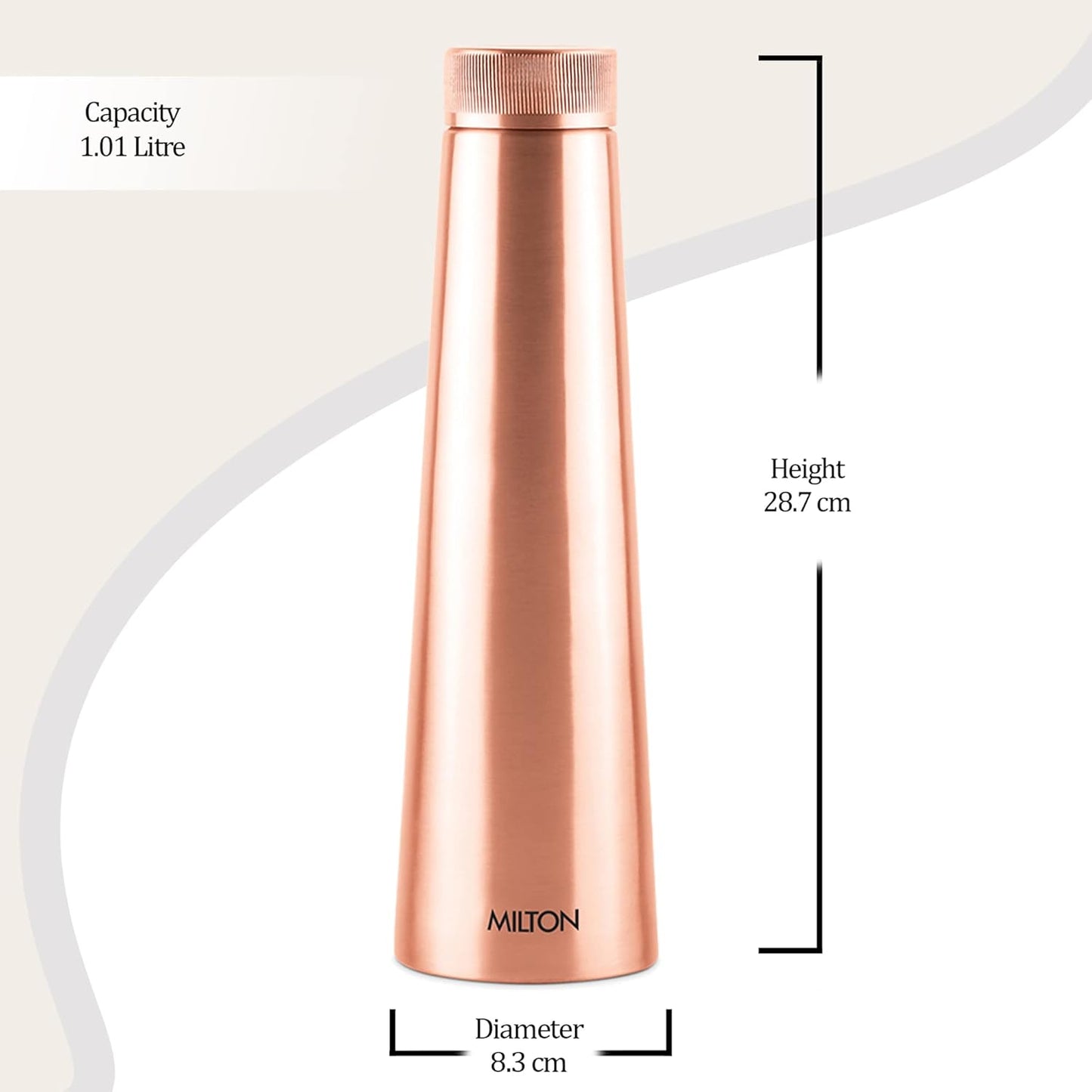 Rose gold Milton water bottle with measurements on a white background