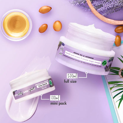 Two containers of a product with labels on a purple background, featuring argan oil and lavender.