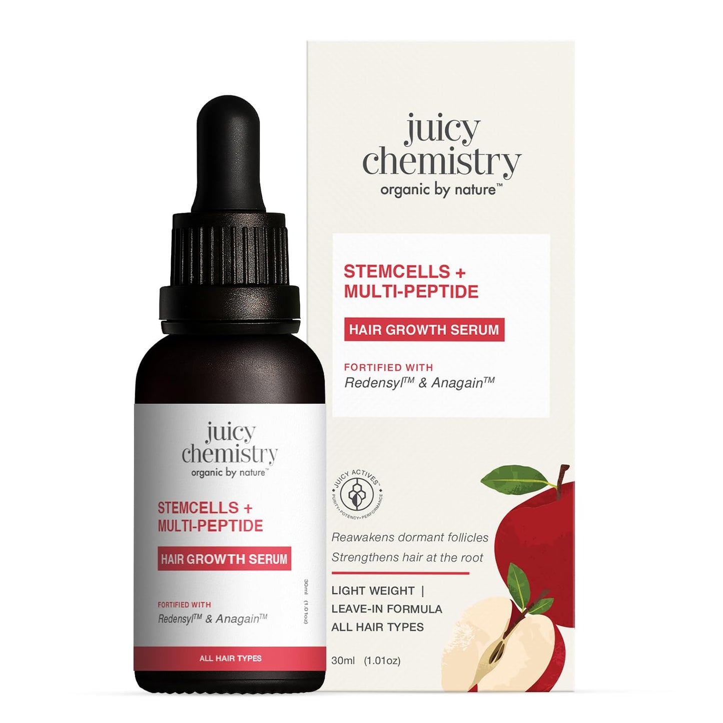 Juicy Chemistry Stem Cells + Multi-Peptide Hair Growth Serum with Redensyl & Anagain, 30 ml | Hair Growth Booster | Controls Hair Fall | Clinically Proven Actives | Leave-In Serum for Thicker & Stronger Hair
