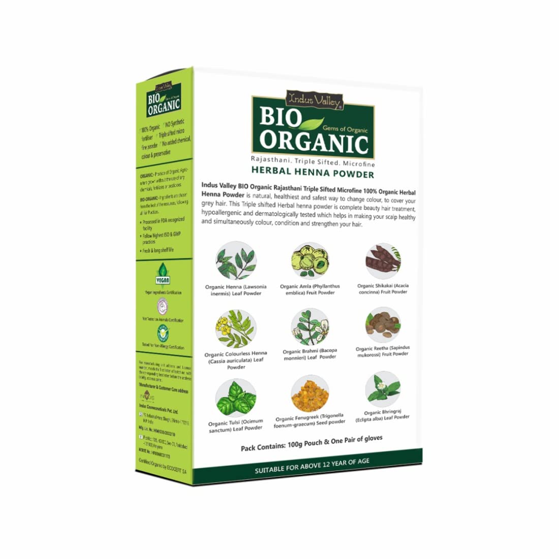 Box of Bio Organic Herbal Henna Powder on a white background